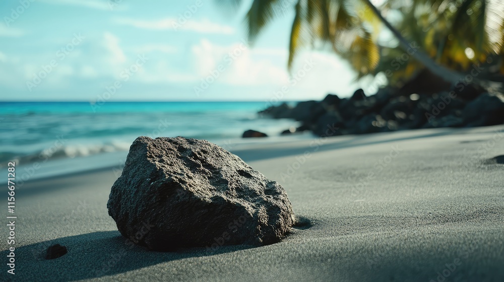 Poster tropical beach landscape featuring a rock in the foreground with calm waves and palm trees in a sere