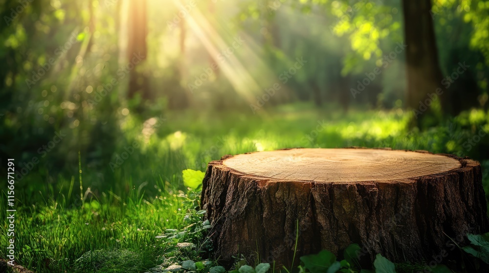 Aufkleber rustic tree trunk podium display in sunlit forest setting ideal for showcasing food, perfume, and na
