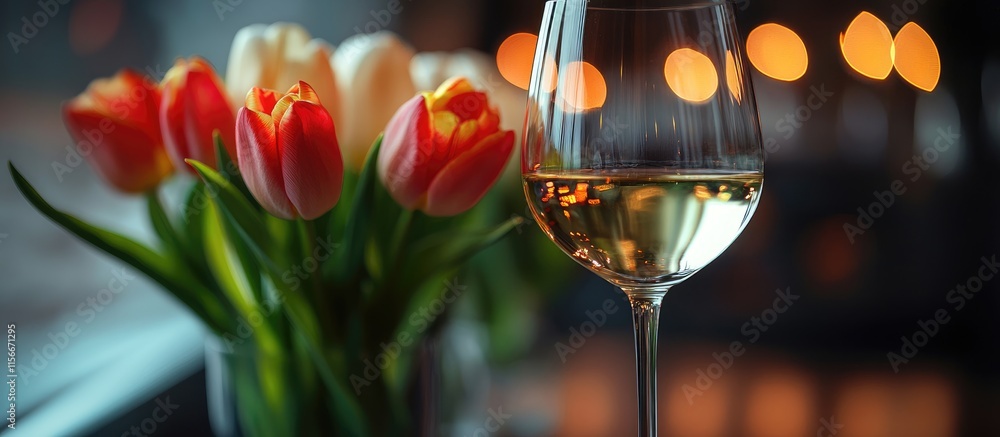 Aufkleber Tulips in a vase with a glass of white wine elegantly placed on a table creating a cozy and inviting atmosphere