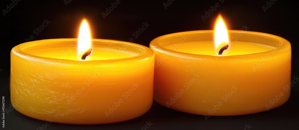 Poster Two Lit Candles Illuminating a Dark Background with a Focus on the Wick of the Front Candle Highlighting Serenity and Warmth