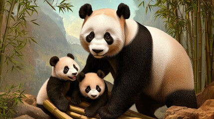 A mother panda embraces her two cubs amidst a bamboo forest, showcasing a tender family moment in their natural habitat.