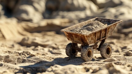 Rustic sand trolley in a construction site, showcasing a miniature perspective of construction equipment on sandy terrain.