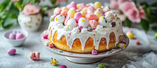 Easter dessert featuring a decorative sweet bread topped with colorful candies, flowers, and meringue icing on a festive table setting.