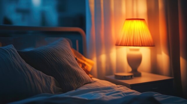 Cozy bedroom with warm lighting from a vintage lamp creating an inviting atmosphere at night.