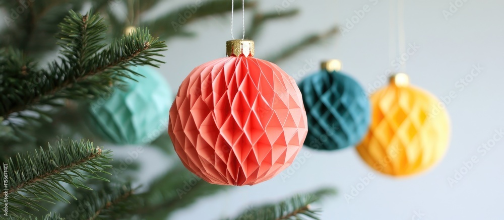 Poster Colorful honeycomb paper Christmas tree ornaments in various shapes and sizes hanging on a festive tree creating a modern holiday atmosphere