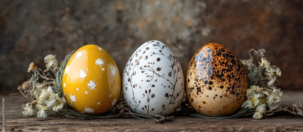 Poster decorative easter eggs with intricate patterns and flowers displayed on rustic wooden surface for fe