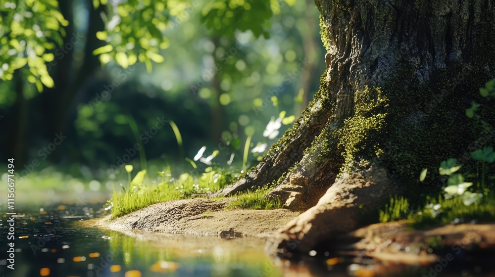 Poster lush tree trunk covered in moss by serene water reflecting vibrant greenery in a peaceful forest set