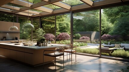 Bright and airy contemporary kitchen design with floor to ceiling windows offering a panoramic view of a lush tranquil garden landscape
