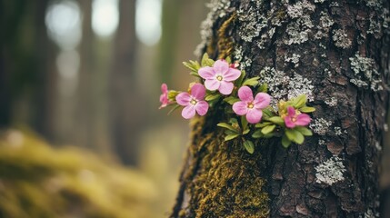 Tree trunk adorned with vibrant lichen and moss featuring delicate pink flowers in a serene forest setting showcasing rich flora.