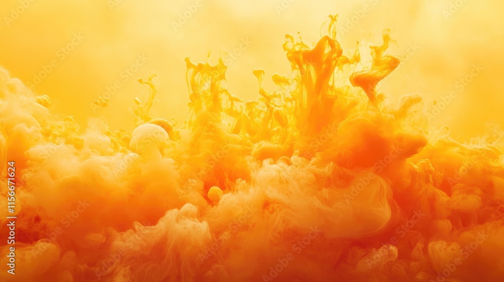 Poster Golden orange paint pigment explosion creating a vibrant and dynamic textured backdrop for creative projects and artistic designs