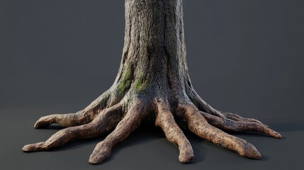 Naklejka premium Detailed close-up of an old tree trunk and its intricate roots showcasing texture and natural growth patterns on a dark background