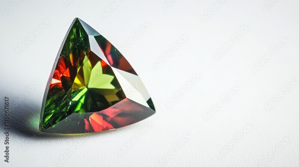 Poster color change garnet trillion shaped gemstone displaying vibrant green and red hues on a clean white 