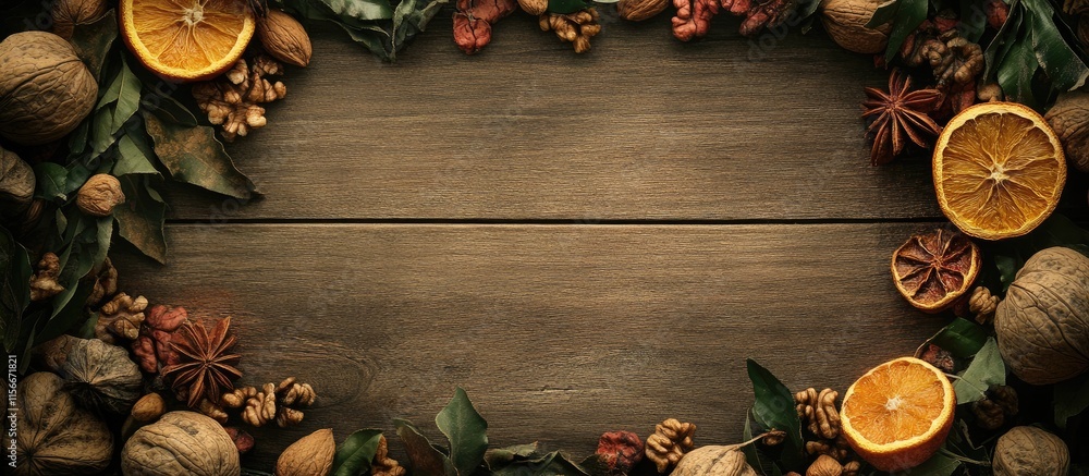 Poster rustic wooden frame showcasing spices and assorted nuts with dried oranges for a warm, inviting mess