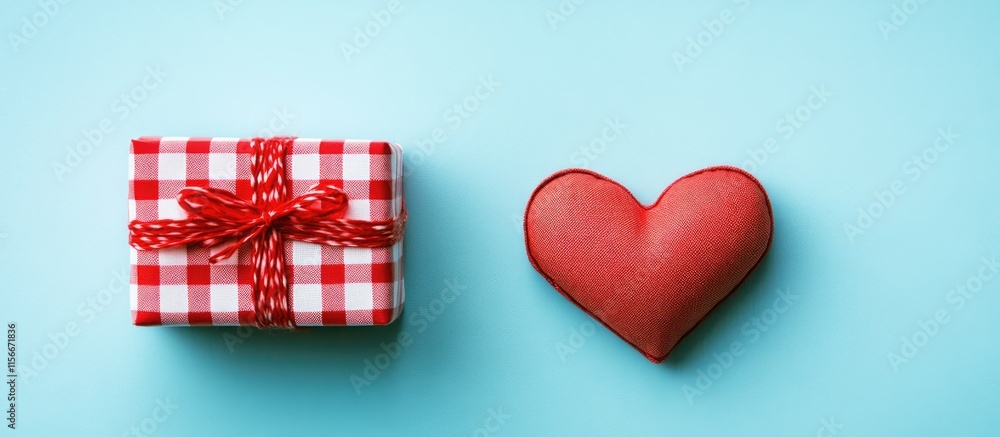 Poster checked gift box with red ribbon and two red hearts on blue background for valentine's day or romant