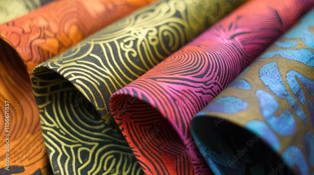 Poster Vibrant textured fabric rolls in assorted colors showcasing intricate patterns and designs for creative textile applications.