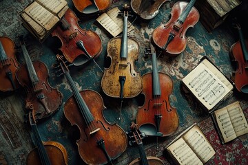 Naklejka premium Antique Violins and Sheet Music Resting on a Rug