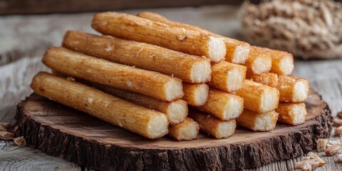 Crispy homemade cassava is showcased against a rustic wooden background, highlighting the delightful texture and flavor of this delicious cassava treat, perfect for any occasion.