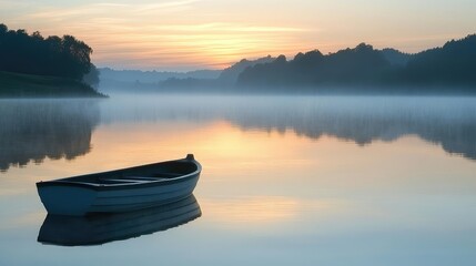 A lonely boat floating on a calm, foggy lake at sunrise, with no visible shore, evoking a sense of isolation.