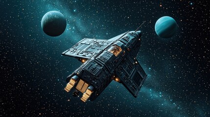 A futuristic spaceship navigates through a starry space scene, flanked by two vibrant planets, showcasing advanced technology and cosmic exploration.
