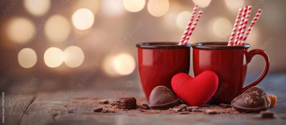 Aufkleber romantic setting with two cups of hot chocolate heart decorations and sweet sticks on a wooden table