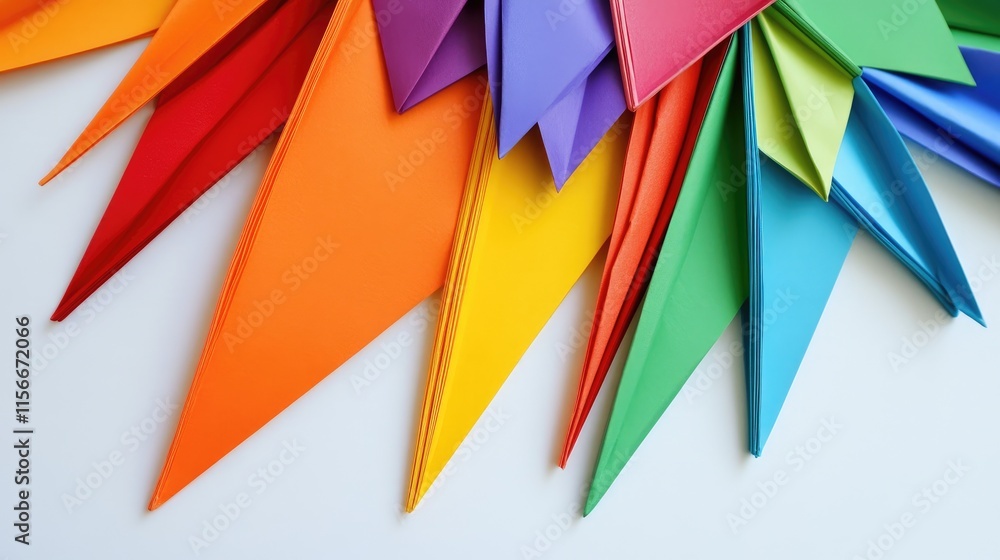 Poster Vibrant array of triangular colored paper flags arranged creatively for festive decoration and craft projects