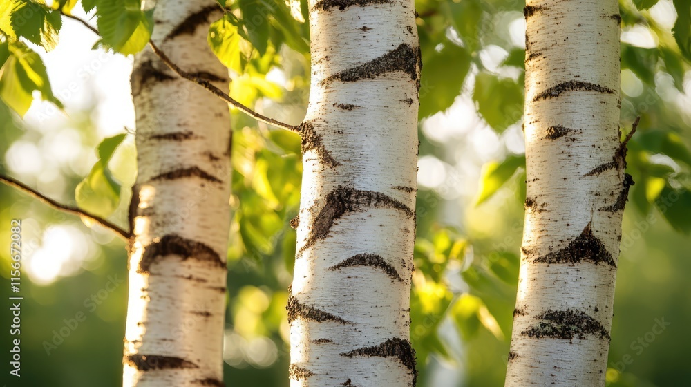 Poster Sunlit tree trunks with textured bark surrounded by vibrant green foliage creating a serene and peaceful natural atmosphere