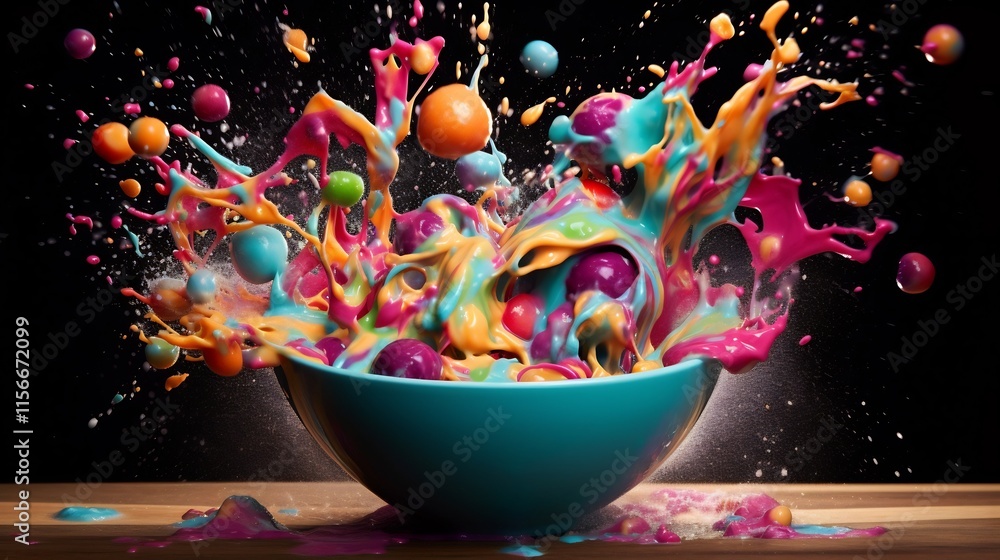 Poster a visually striking and energetic scene featuring a colorful bowl of cereal with vibrant milk splash
