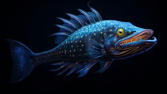 A detailed and captivating close up shot of a deep sea lanternfish revealing its mesmerizing bioluminescent scales that glow with an otherworldly light