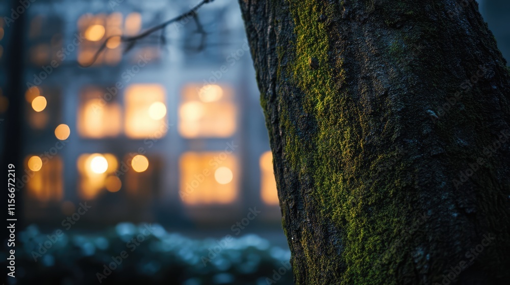 Poster Moss-covered tree trunk with blurred illuminated windows creating a serene atmospheric background in a tranquil setting.