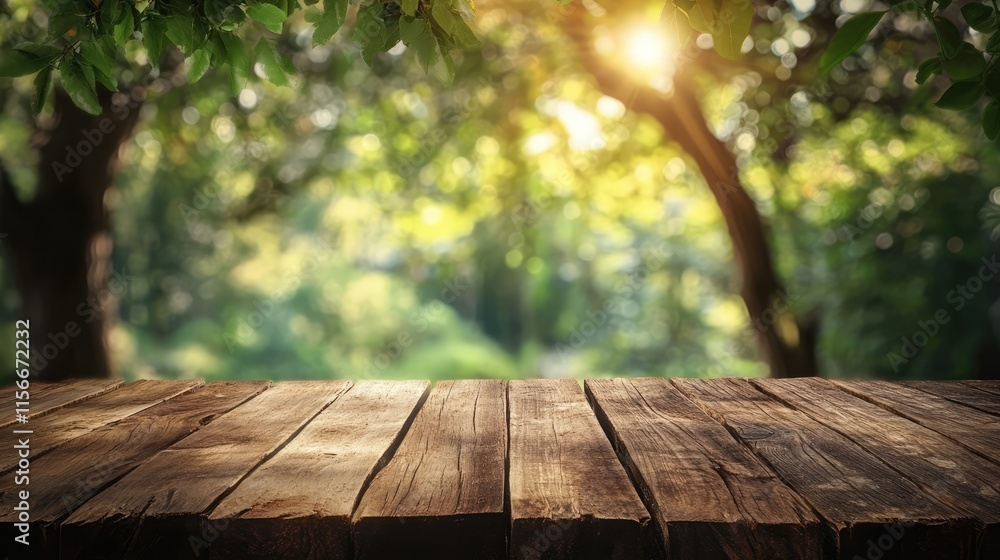 Aufkleber Rustic wooden table with vibrant green foliage in the background illuminated by sunlight creating a serene natural atmosphere