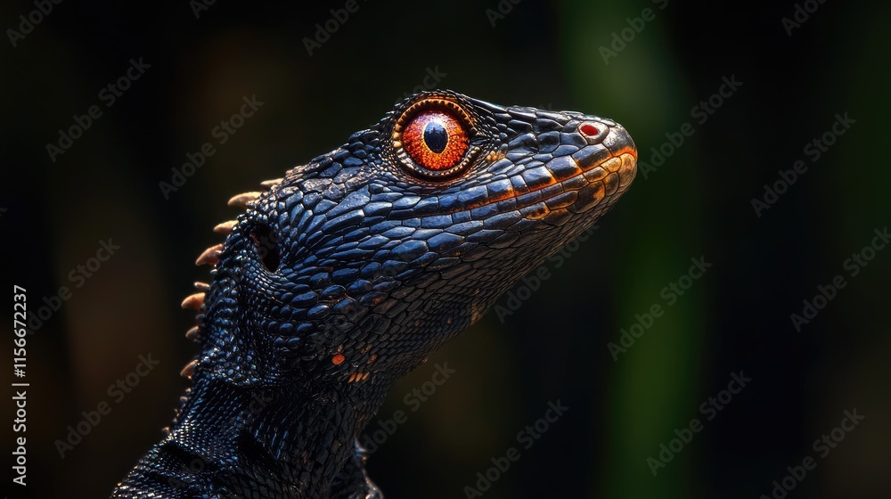 Poster red eyed crocodile skink tribolonotus gracilis close up on dark background highlighting unique featu