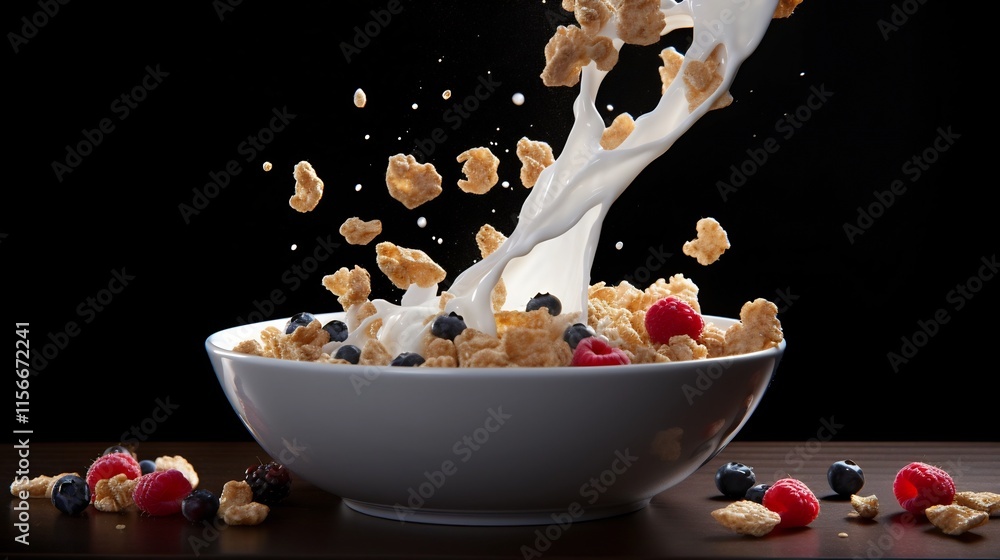 Aufkleber image of cereal being poured mid air into a breakfast bowl creating a splash of milk and a visually 