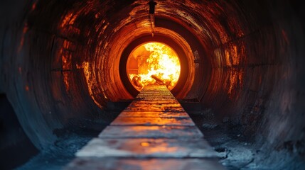Interior view of a tubular rotary furnace displaying intense flames used for roasting clinker and cement production.