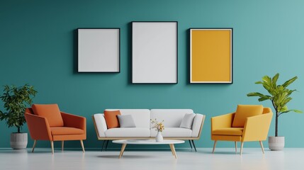 A modern living room featuring colorful chairs, a white sofa, and three framed artworks against a vibrant teal wall.