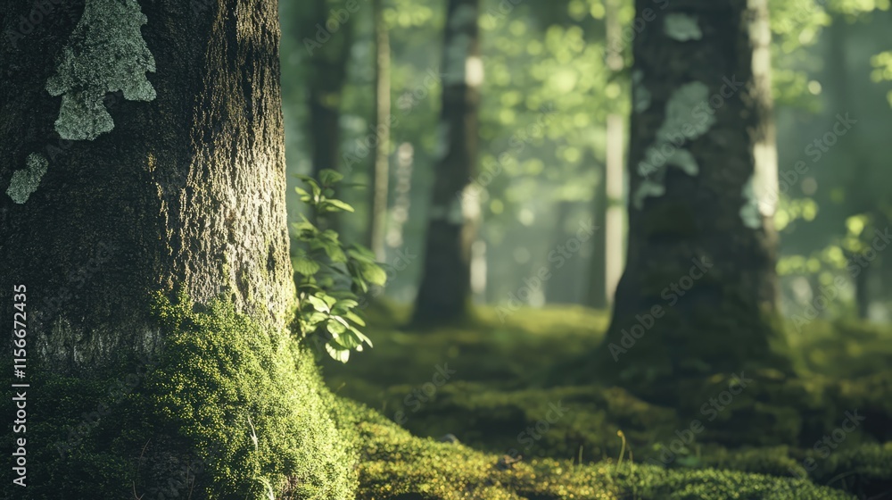Poster Moss covered tree trunks in a serene lush forest with soft sunlight filtering through the leaves creating a tranquil atmosphere