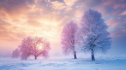 Winter landscape with frosted trees silhouetted against a vibrant cloudy sky at sunset during a serene winter evening