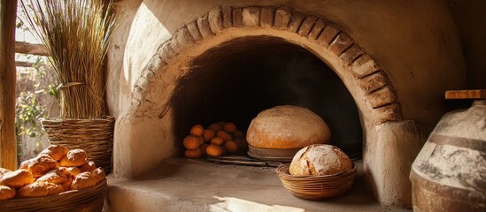 Traditional Mexican clay oven showcasing baked bread and artisanal loaves in a rustic setting reflecting cultural heritage and craftsmanship.