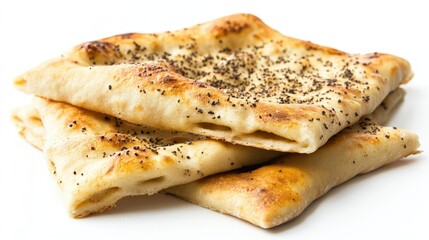 Traditional Middle Eastern fatayer bread with a sprinkle of spices stacked on a white background showcasing its golden-brown texture