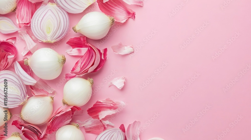 Aufkleber Trendy flat lay of white and red onions on pink background with petals creating vibrant culinary concept and copy space for text