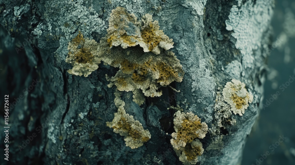 Poster textured tree trunk adorned with lichen and moss showcasing intricate natural flora in a serene wood