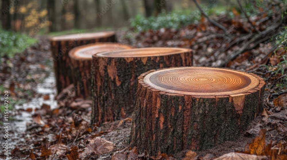 Poster tree stumps showcasing annual growth rings in a tranquil forest setting with fallen leaves and soft 