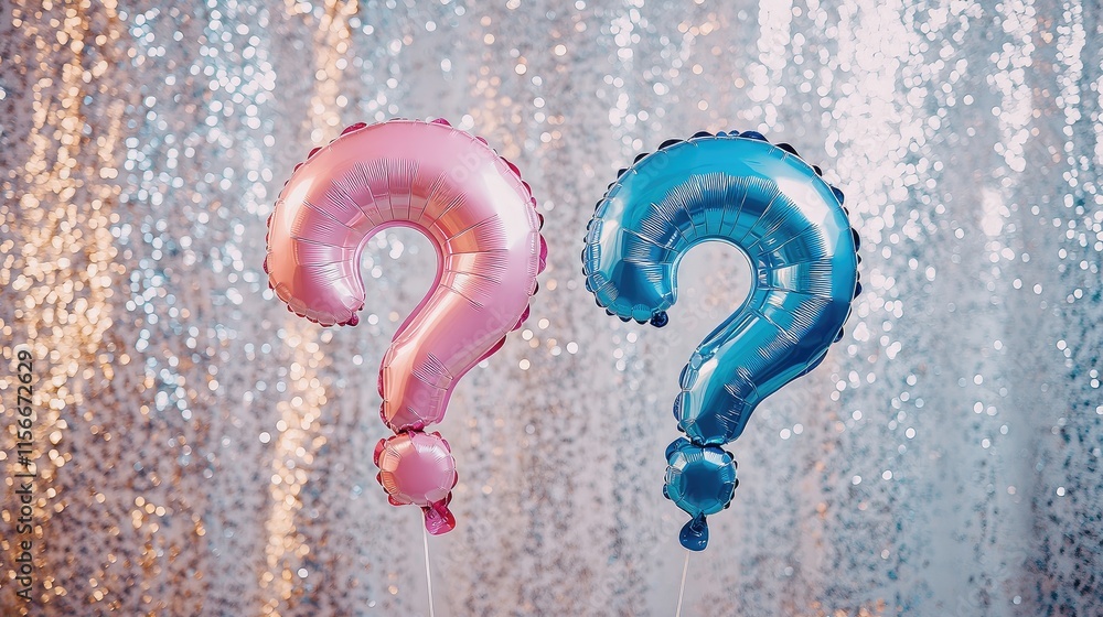 Fototapete a pair of foil balloons in the shape of a question mark, one pink and one blue, set against a sparkl