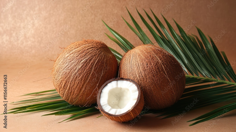 Poster tropical coconuts on palm leaves with warm background perfect for summer ads and travel promotions i