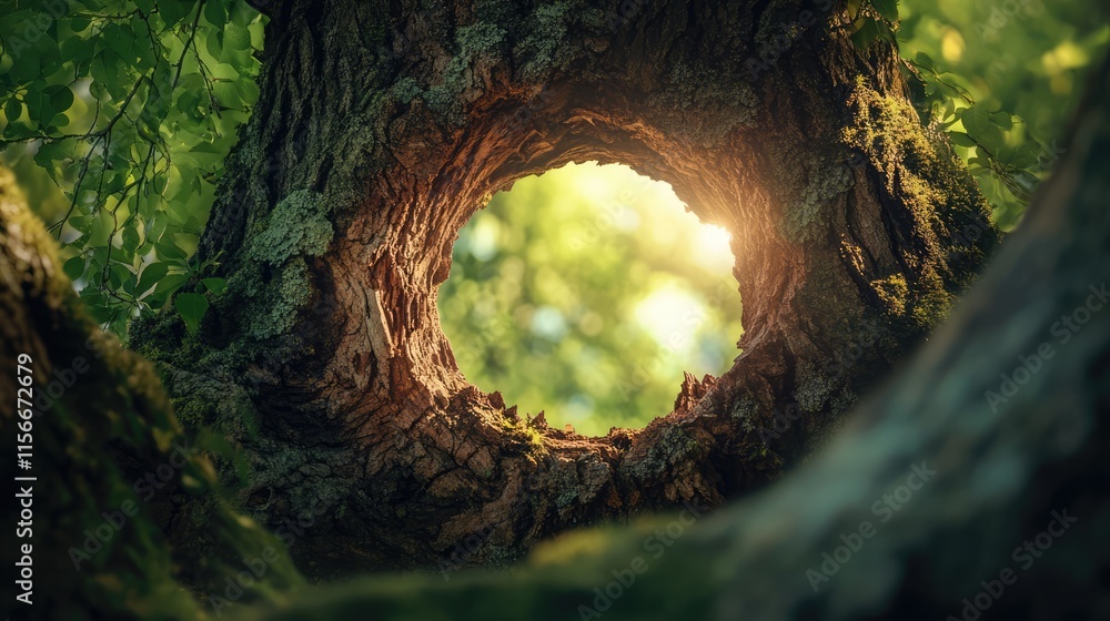 Poster mystical light shining through a circular hole in a gnarled tree trunk surrounded by lush greenery i