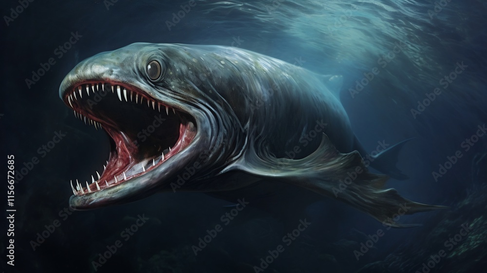 Poster captivating image of a mysterious and enigmatic gulper eel with its enormous gaping mouth wide open