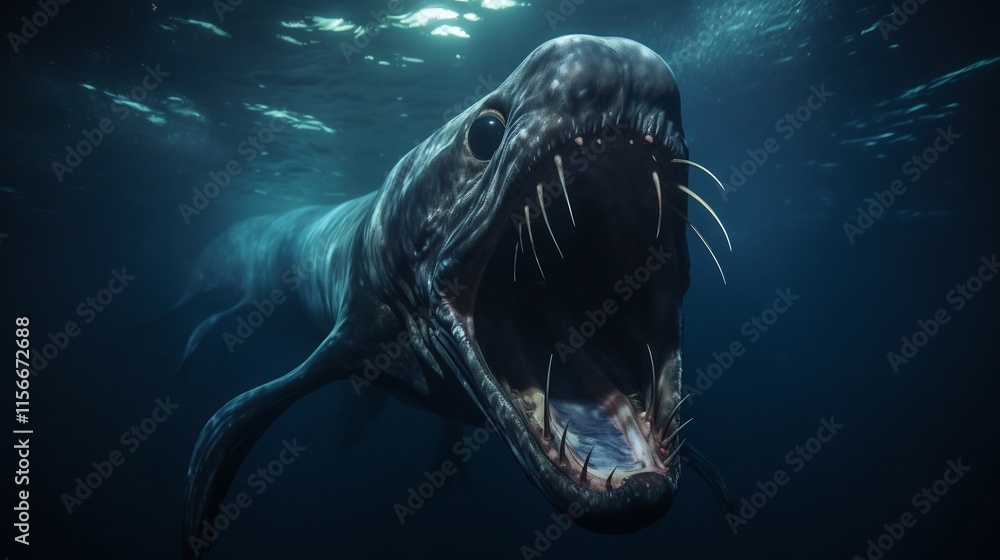 Poster mesmerizing image showcasing a mysterious gulper eel with its enormous cavernous mouth wide open rev