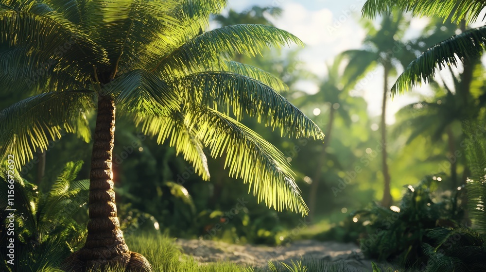 Poster lush tropical coconut palm tree in a vibrant green paradise with sunlight creating a serene and idyl