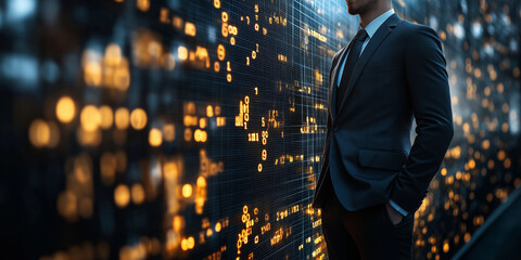 Business professional analyzing data trends office space digital art modern environment side view technology innovation