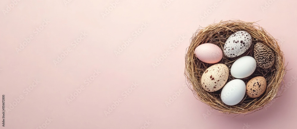 Aufkleber easter flat lay of quail and chicken eggs in a nest on a soft pink background with space for text an