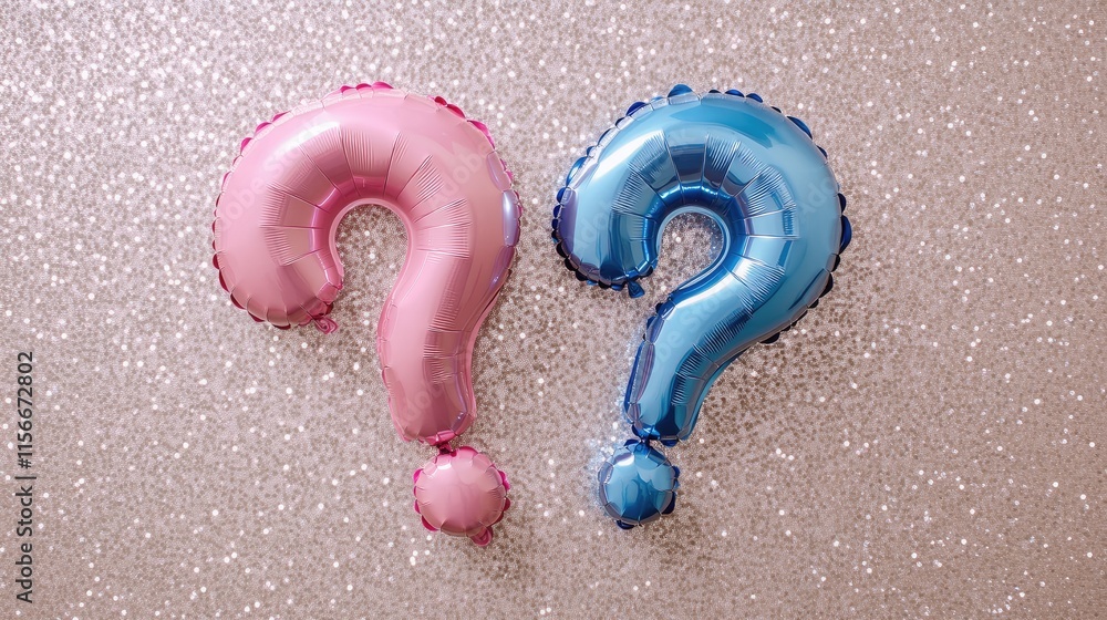 Fototapete a pair of foil balloons in the shape of a question mark, one pink and one blue, set against a sparkl